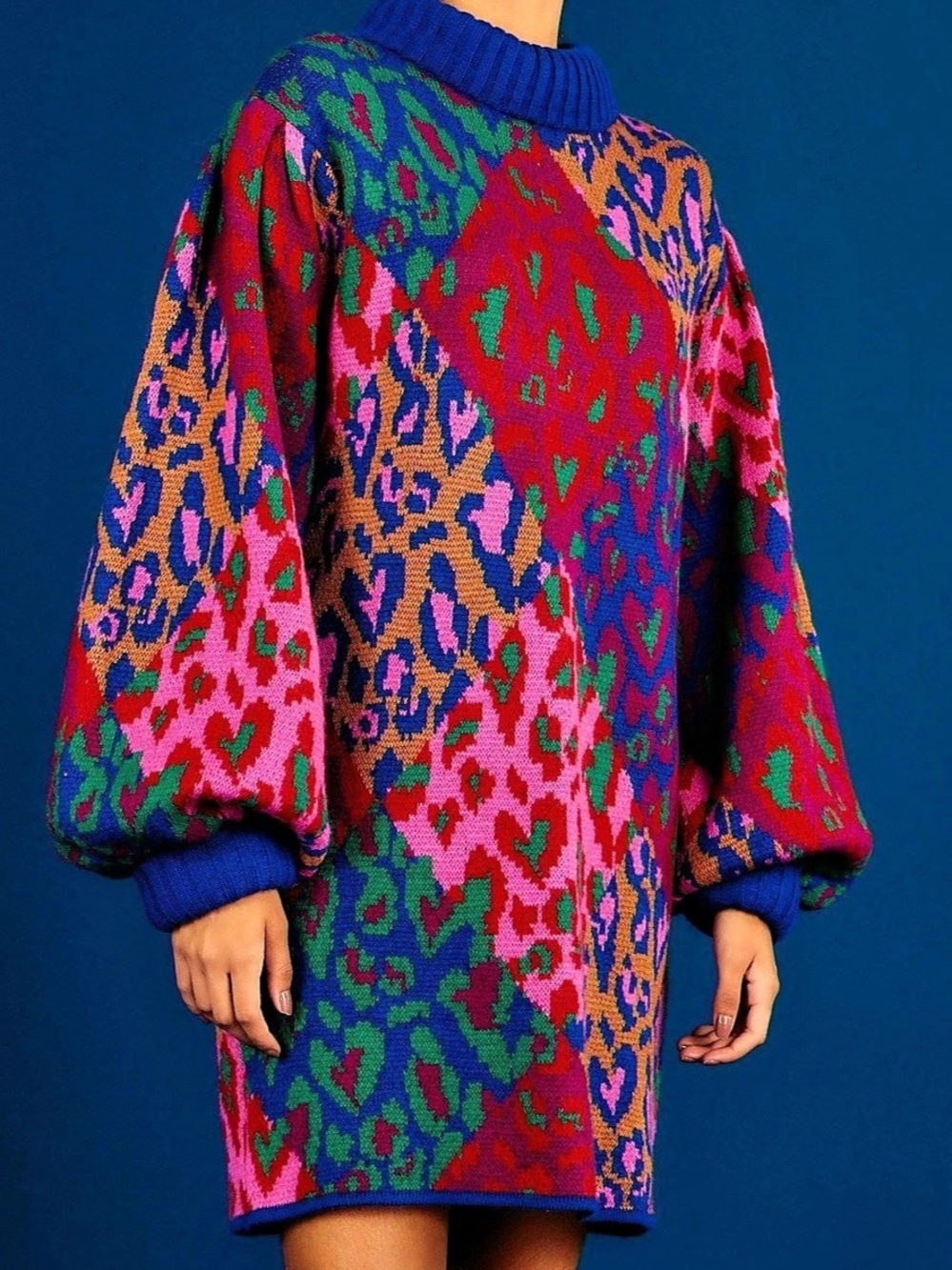 Farm Rio Mixed Leopards Sweater Dress Multicolor & Blue XL